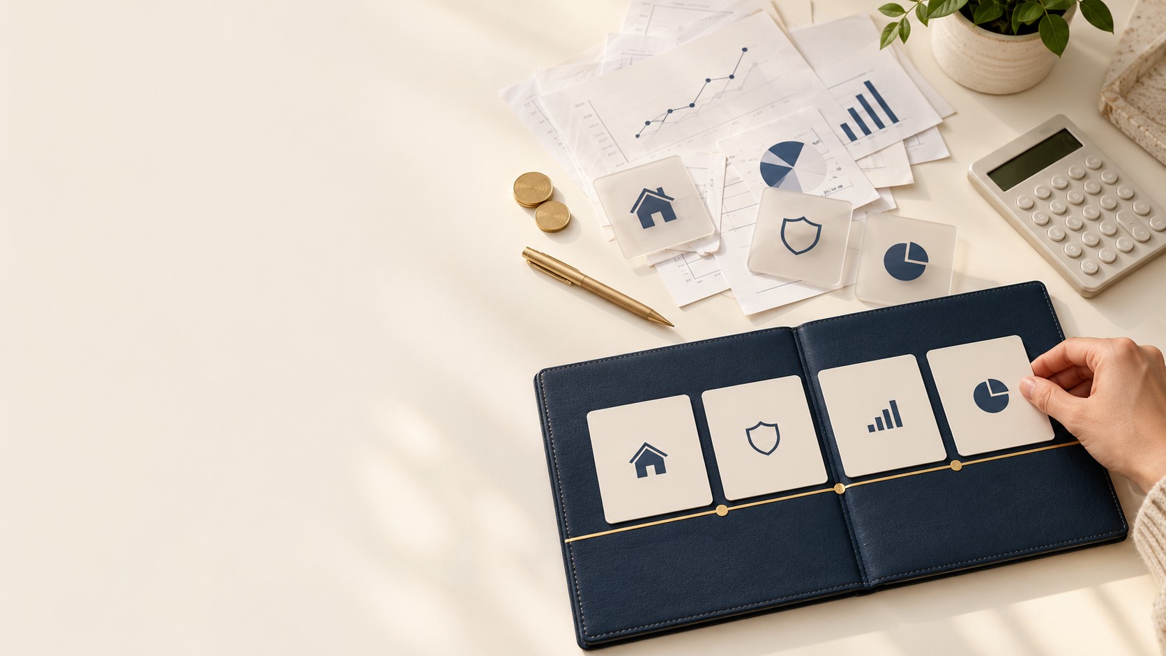 Scattered financial papers brought together into one organised plan for home, protection, savings and investments